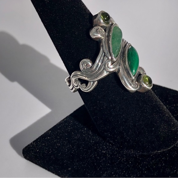 [vintage] Ornate .925 Sterling Silver Peridot, Prehnite & Malachite Ring Size 8 - Picture 5 of 16